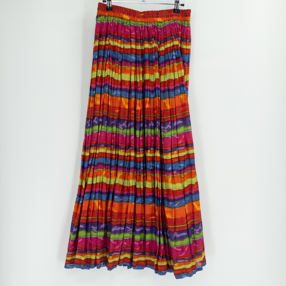 Vintage Y2K Maxi Skirt Womens M Colorful Rainbow Striped Boho Flowy Cotton Indie